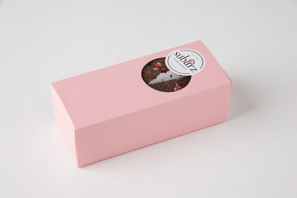 A pink box revealing 8 luscious Chocolate Peppermint Subarz, each showcasing the perfect union of rich chocolate and refreshing peppermint, adorned with vibrant crushed peppermint candies. Ideal for sharing or savoring.